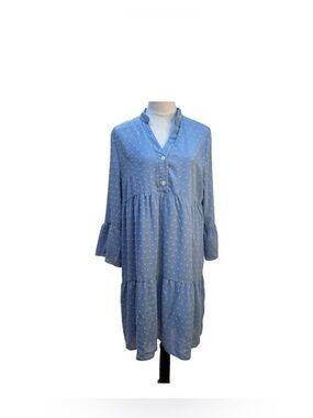 Skue Light Blue Textured Tiered Midi Dress Bell Sleeve Button VNeck Women’s XL